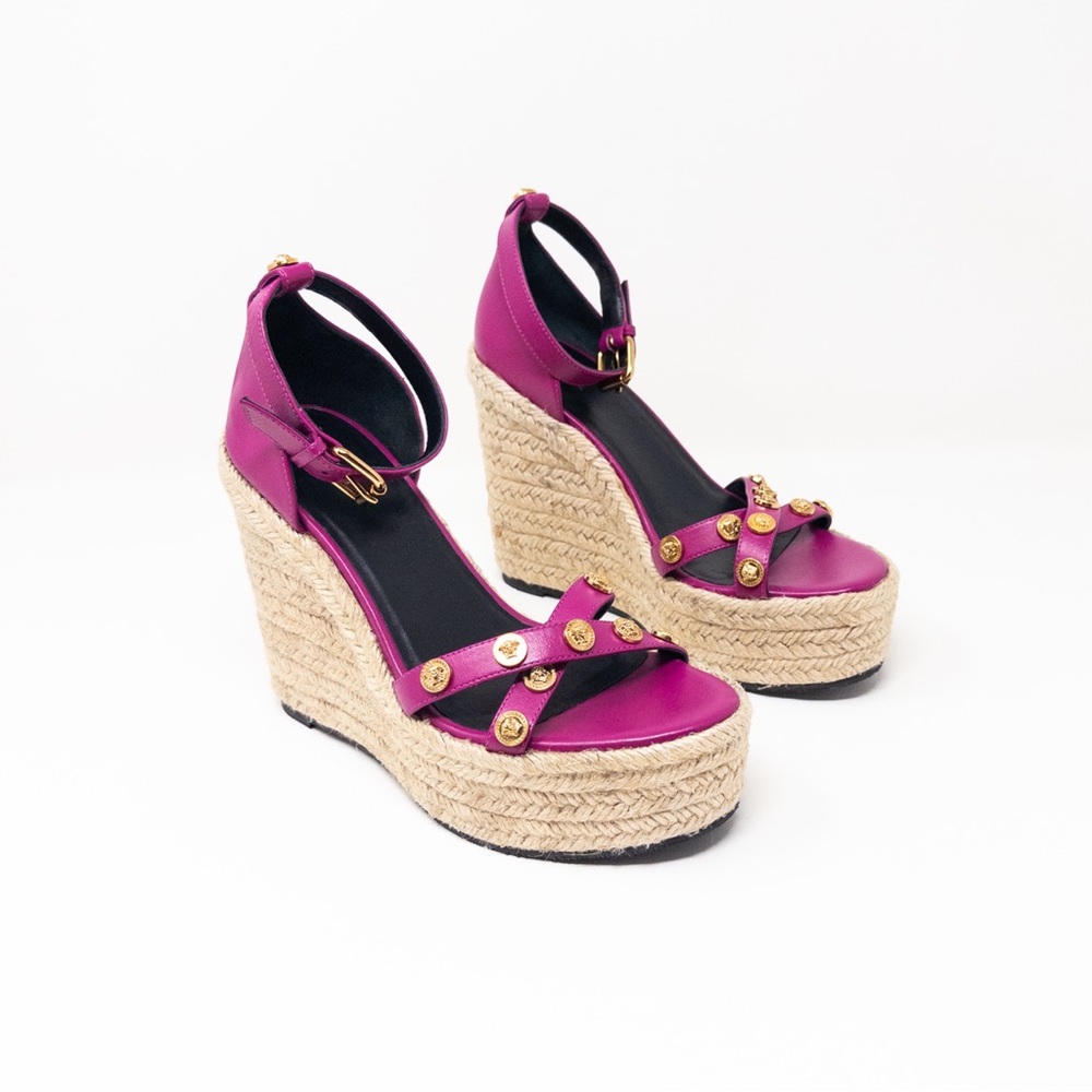 Versace Medusa Espadrille Platform Wedge Sandals EU 38 Crisscross Orchid Pink